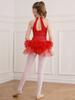 Kids Girls Dance Performance Costume Rhinestone Mesh Patchwork Sleeveless Leotard Tulle Skirted Bodysuit
