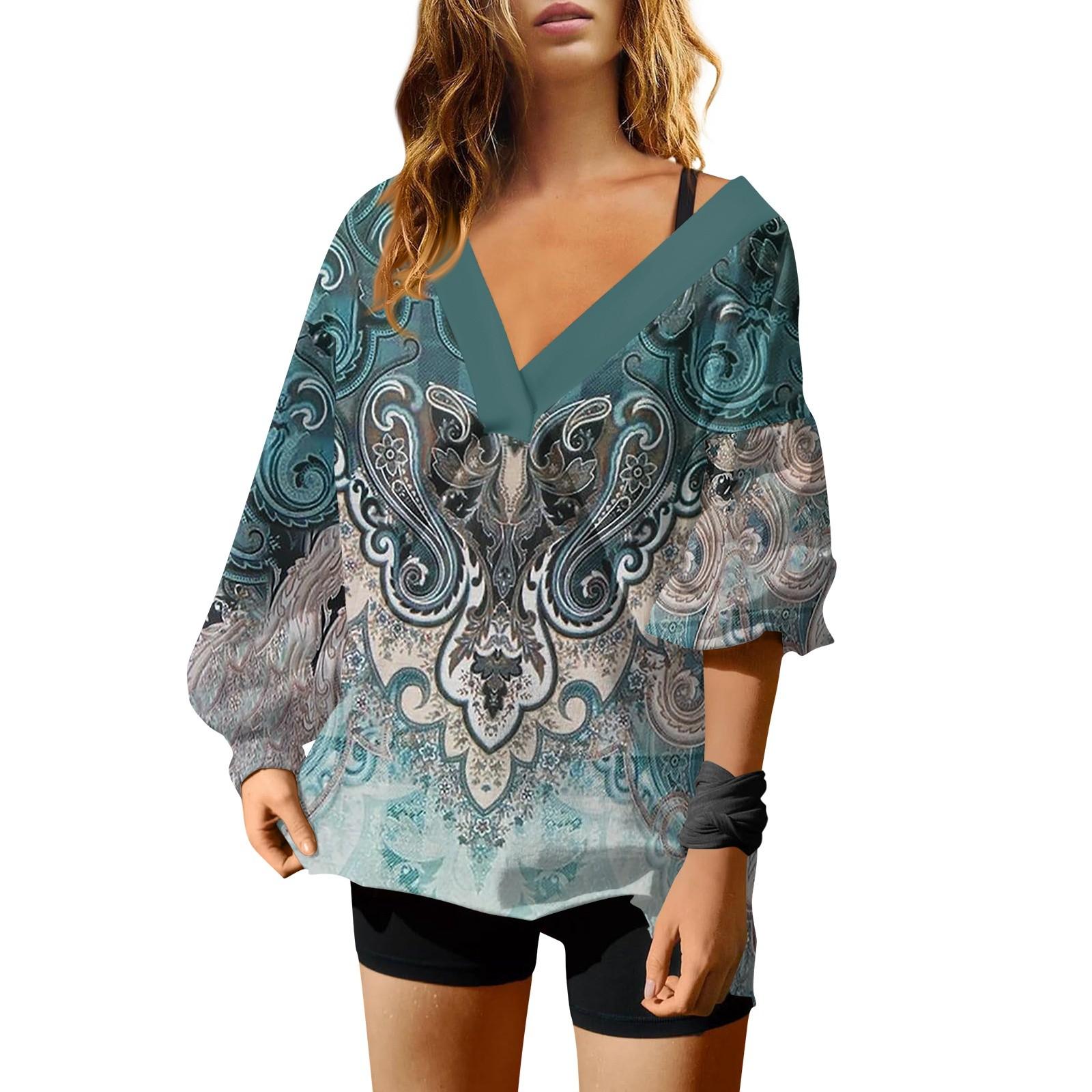 

Женская мода ретро принтованный V-образный вырез длинный рукав свободный пуловер свитшот топ S синий