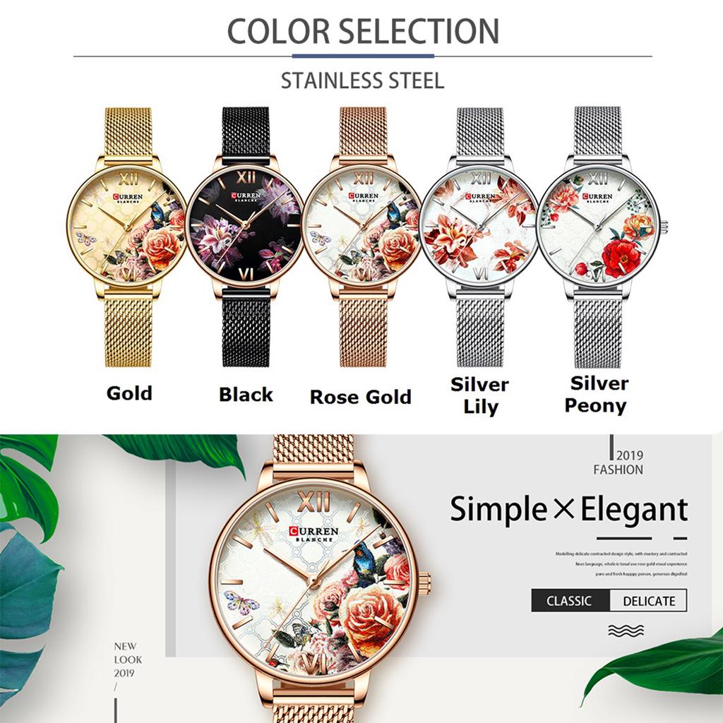 CURREN 9060 Luxus Casual Business Quarz Damenuhr Blumenzifferblatt Elegante exquisite Dame Handgelenk
