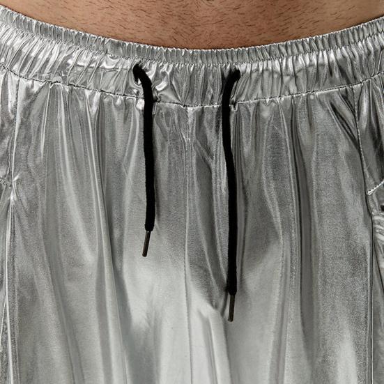 Vīriešu spīdīgas bikses ar aukliņu jostasvietā, metāliskas naktskluba ballīšu bikses deju skatuves hiphopa priekšnesumiem