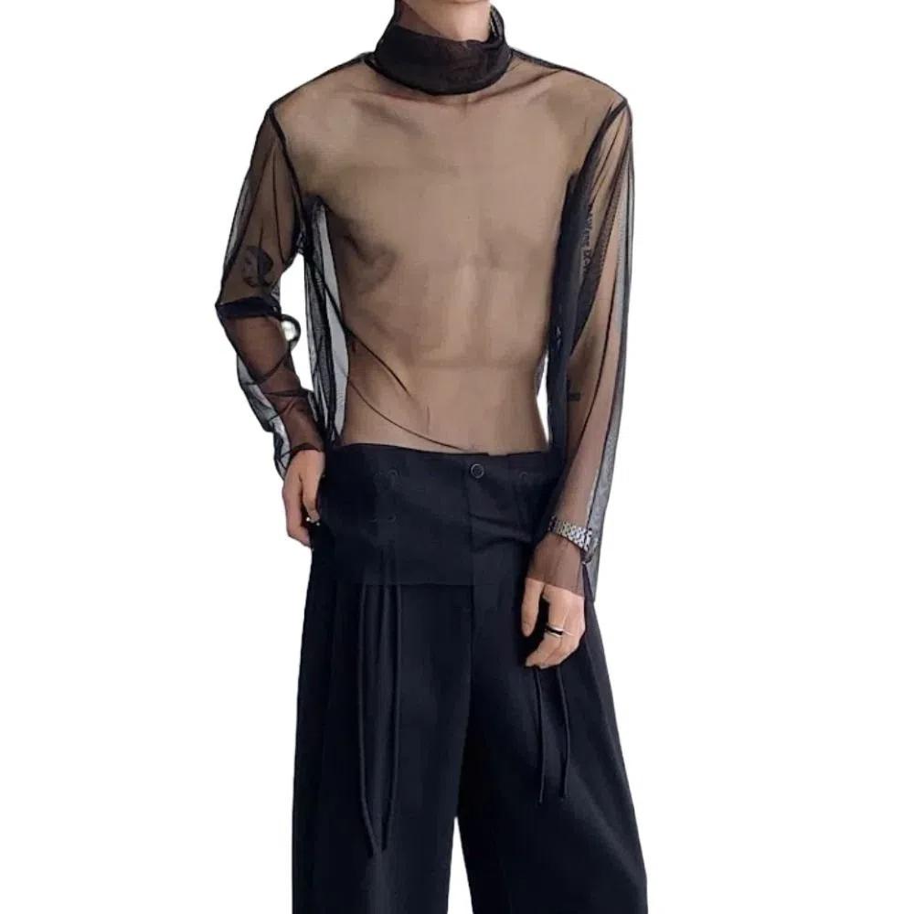 Streetwear Transparent T-shirt See-through Mesh Top Men Creative Long Sleeve T-shirt  Home