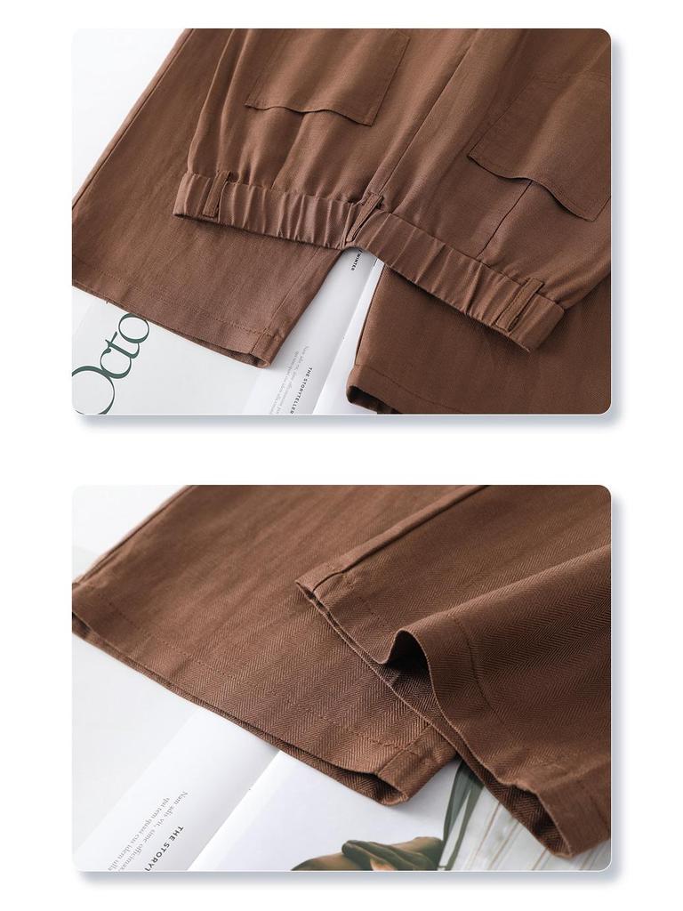 Women's Wide-Leg Brown Cotton Linen Pants - Summer 2025 Collection: Thin, Loose, Casual, Straight-Leg Trousers for Petite Sizes