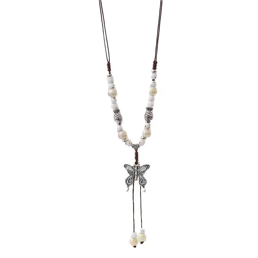 Color Beaded Ceramic Butterfly Braided Rope Necklace New Chinese National Ancient Style Accessories Light Luxury High-end Collarbone Chain