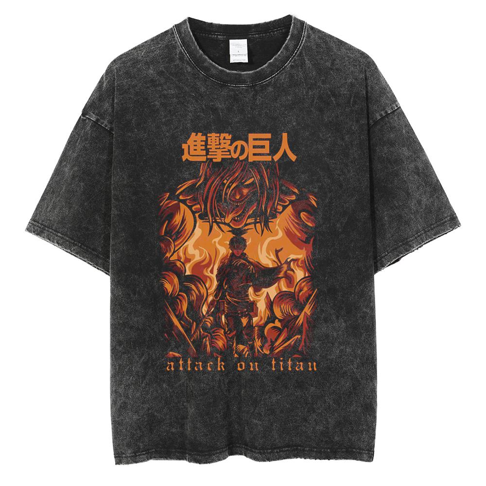 Hot Anime Attack On Titan Levi Ackerman Printed Washed Tshirt Men High Quality Cotton T-shirts Harajuku Male Oversized T Shirt