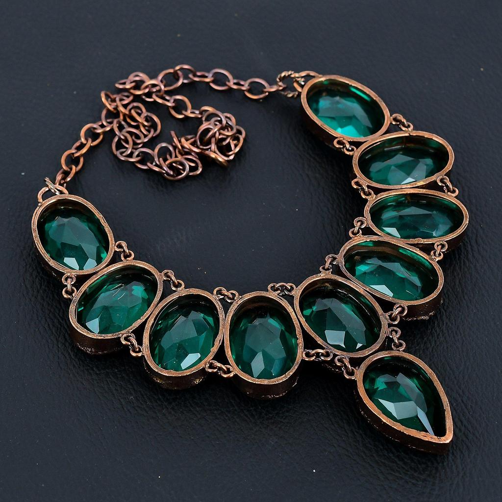 Indicolite Handmade Gemstone Necklace, Copper Electroformed Antique Jewelry Adjustable Chain Necklace, For Engagement Gift