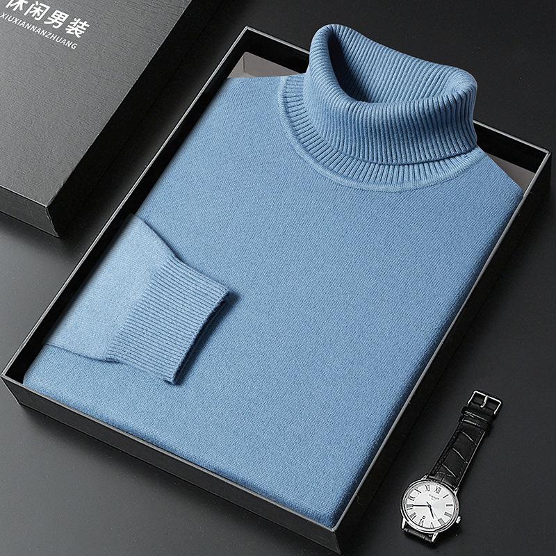 Men's High Neck Knit Sweater - Warm Solid Color Pullover for Middle-aged and Young Men