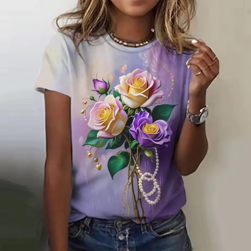 Summer Round Neck Women's T-shirt Fashion 3D Printed Flower Pattern Top Comfortable Loose Short Sleeve T-shirt