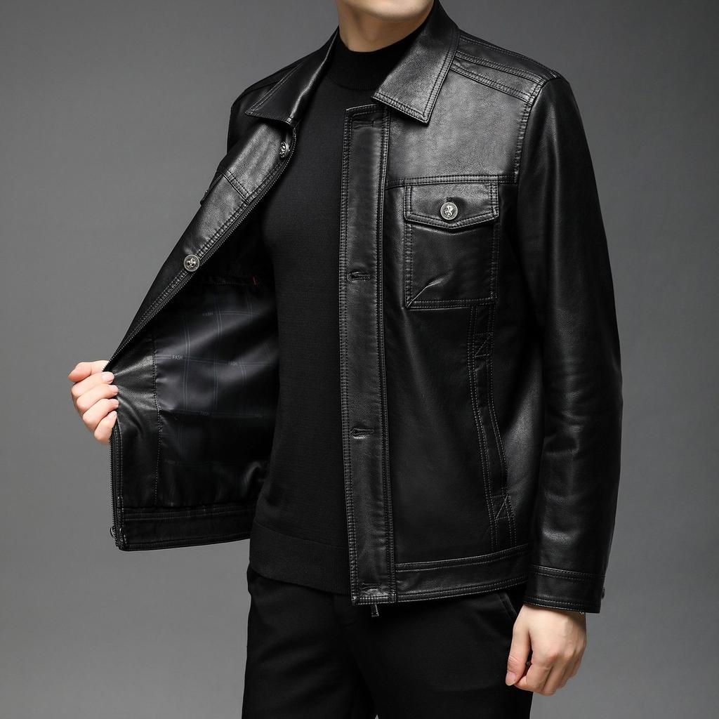 Autumn and Winter New Men's Leather Jacket Leather Jacket Locomotive Leather Jacket Fashion Youth Lapel Windproof Velvet Leather Jacket Jacket