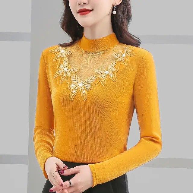 

Футболка з довгим рукавом, осінь, зима, нова сітчаста сорочка з напіввисоким коміром, жіночі мереживні пуловери Топ M-5XL 4XL жовтий