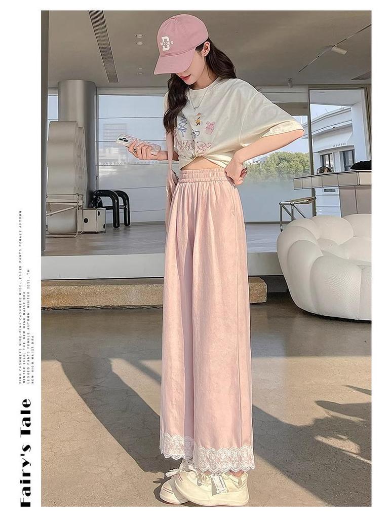 Petite Pink Lace Trim Wide Leg Women's Spring Summer Pants