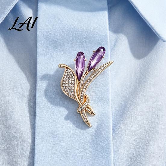 Women Branch Pin Ear of Wheat Brooch with Rhinestone Faux Purple Crystal Vintage Badge Lapel Pin Dainty Jewelry for Coats Sweaters Scarves