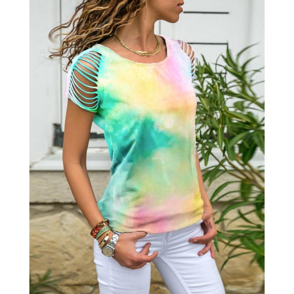 

Новые женские модные футболки с рукавами-кисточками в стиле тай-дай, с круглым вырезом, повседневные хлопковые футболки с коротким рукавом, топы больших размеров S зелёный