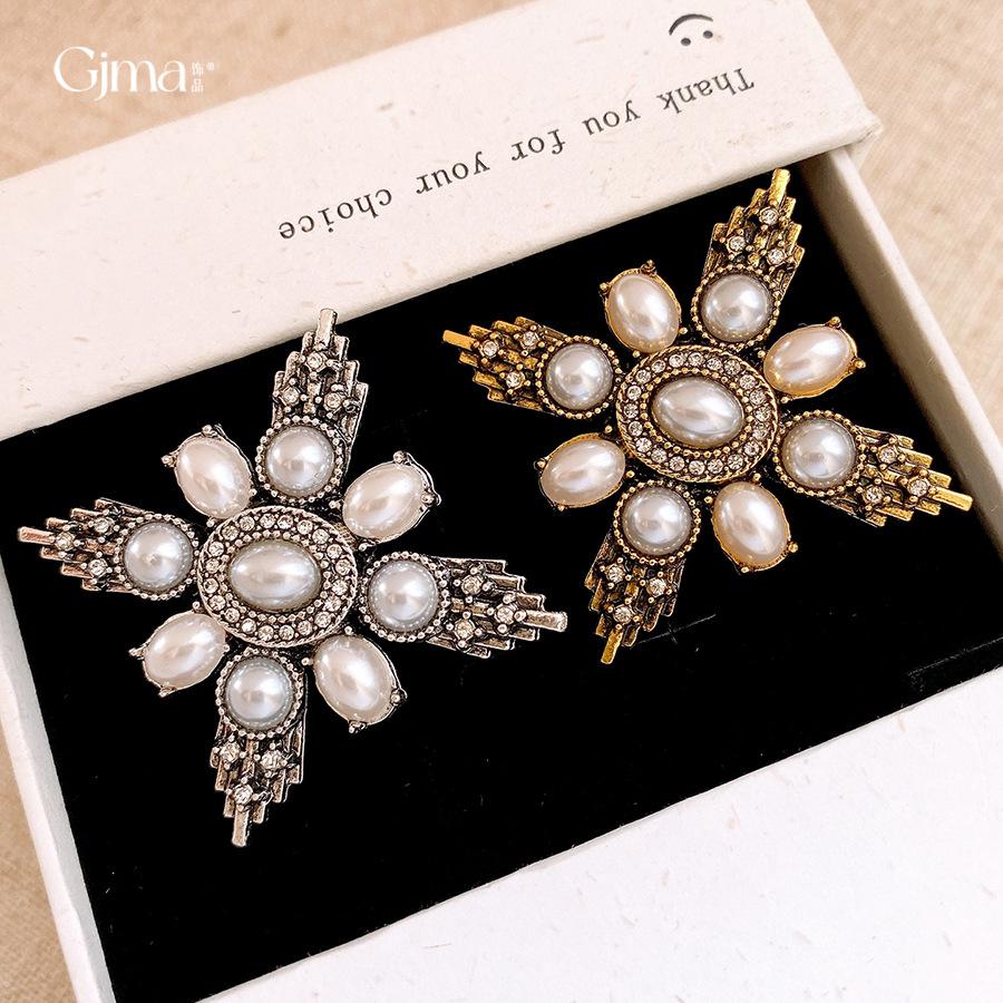European and American diamond-encrusted cross flower-shaped pearl brooch pin old suit accessories