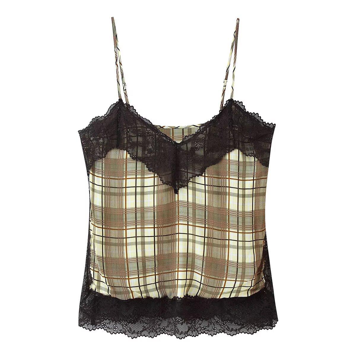 European and American style, new women s clothing, foreign style V-neck lace decorated plaid suspender top 3666060 S