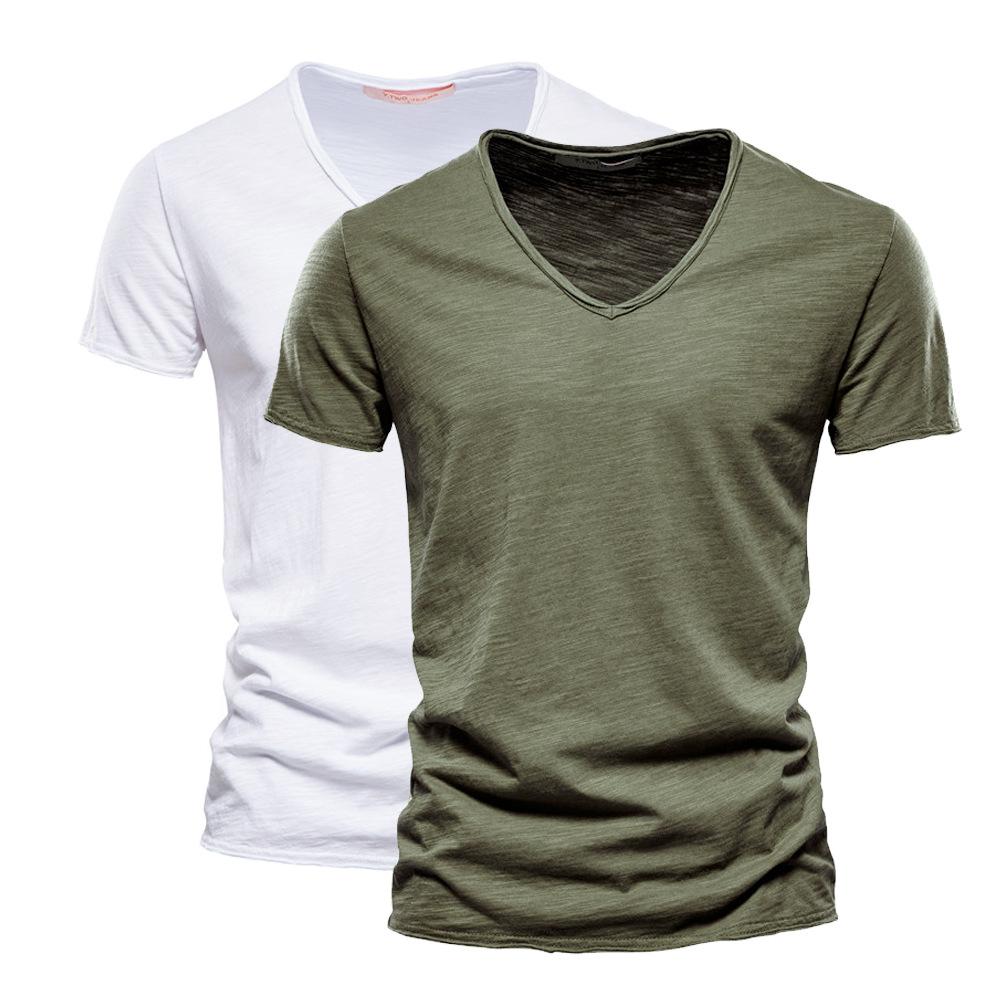2 PC Summer Men'S New Solid Color Bamboo Cotton V-Neck Short Sleeved Pure Cotton T-Shirt