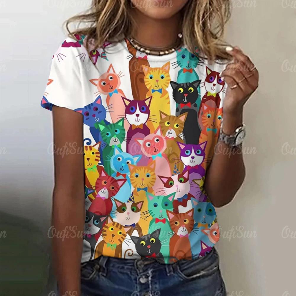 

Летняя женская футболка с принтом 3D-кота из мультфильма, модные топы, футболки, женская повседневная одежда с коротким рукавом, женская уличная одежда в стиле Харадзюку 6XL