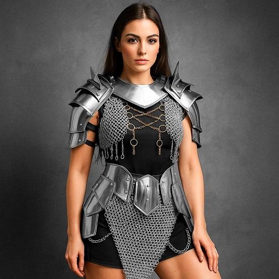Women’s Medieval Knight Costume Handcrafted Steel Chainmail Armor Set for LARP, Cosplay And Renaissance Fairs