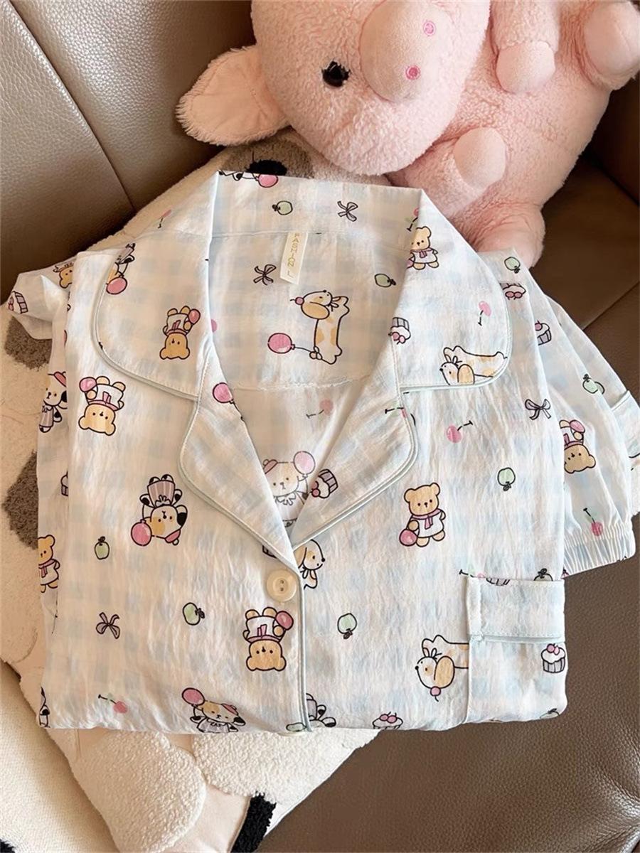 Korean soft cute plaid balloon puppy pajamas women s summer short-sleeved shorts cardigan set girl loungewear S