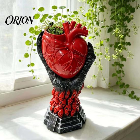 Spooky Theme Room Accessories Hand Holding Human Heart Organ Vase, Gothic Anatomical Shaped Halloween Home Decor Desktop Flower Pot for Living Dining