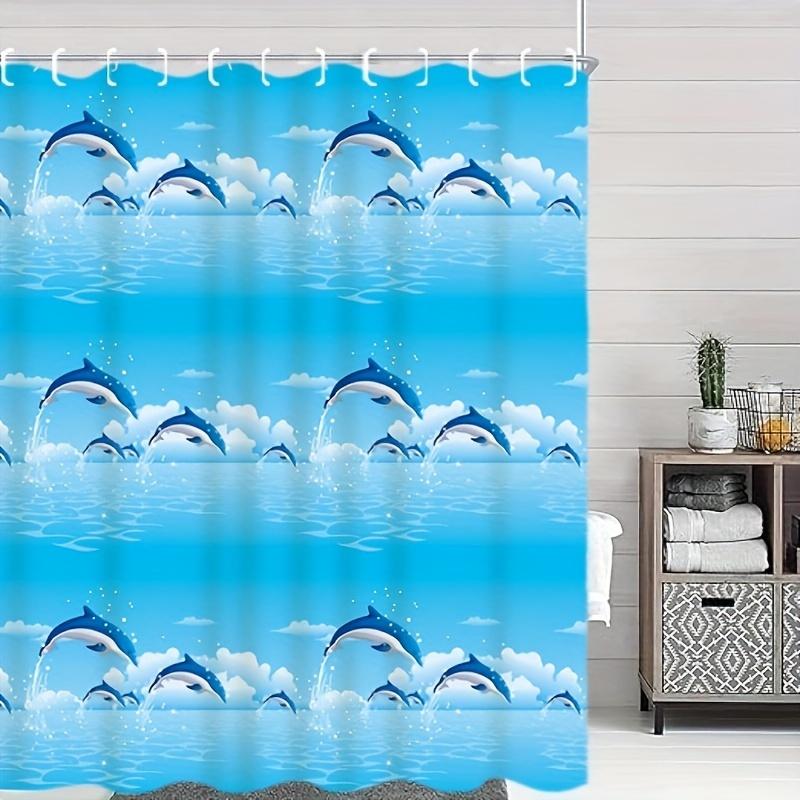 1pc Shower Curtain - Playful Dolphins Leaping in a Bright Blue Sky with Fluffy Clouds Design Waterproof