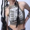 Punk Aesthetic Cyber Retro X-ray Skeleton Print Rib Sleeveless Vest ArmyGreen Crop Top Designer Clothes Women 2024 Summer Emo