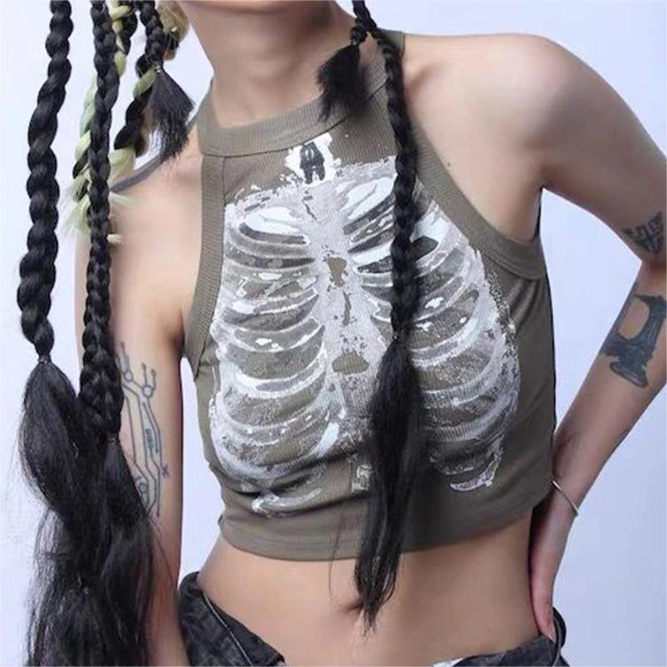 Punk Aesthetic Cyber Retro X-ray Skeleton Print Rib Sleeveless Vest ArmyGreen Crop Top Designer Clothes Women 2024 Summer Emo