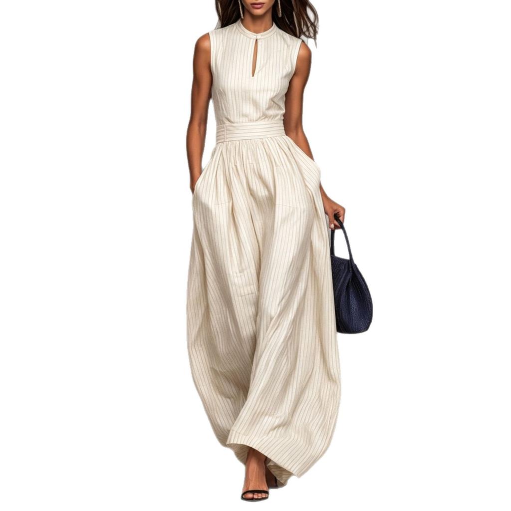 European and American style summer new temperament fashion striped sleeveless waist wide leg long jumpsuit