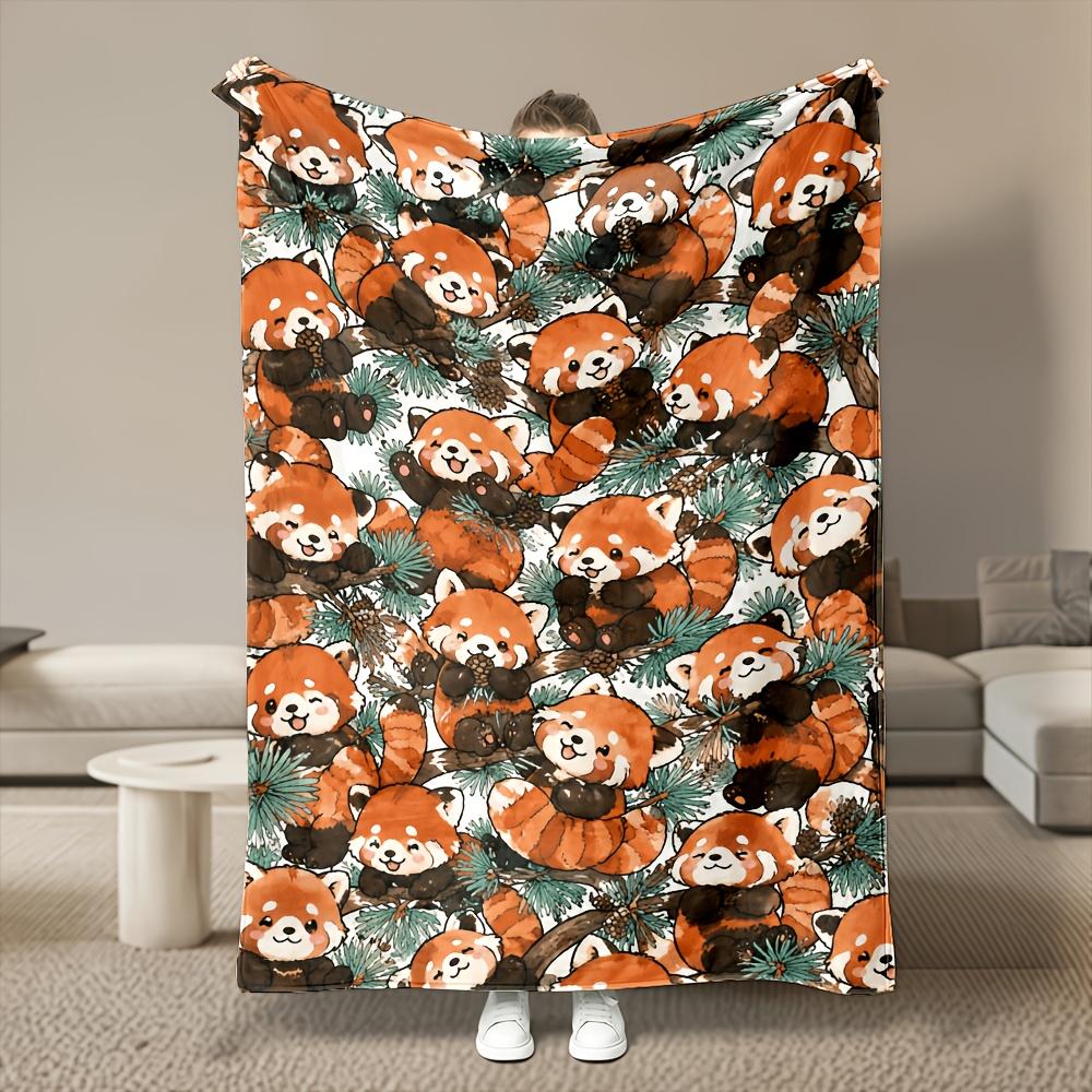 1pc Pinecone Red Panda Pattern Flannel Blanket, Premium Ultra Soft Warm Cozy Comfort, Heavyweight 280GSM, Machine Washable Easy Care, Multi Size, Perf