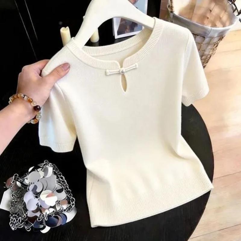 Ice Silk High-end Button-down Short-sleeved T-shirt for Women New Summer Unique Hollow Shirt