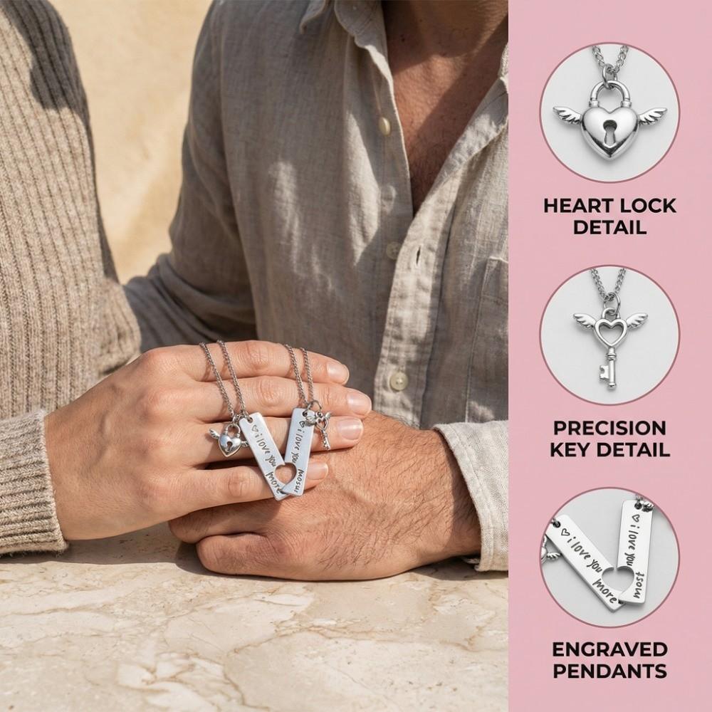 2pcs Stainless Steel I Love You More Necklaces Puzzle Heart Lock Key Pendant  Valentine Day Gift