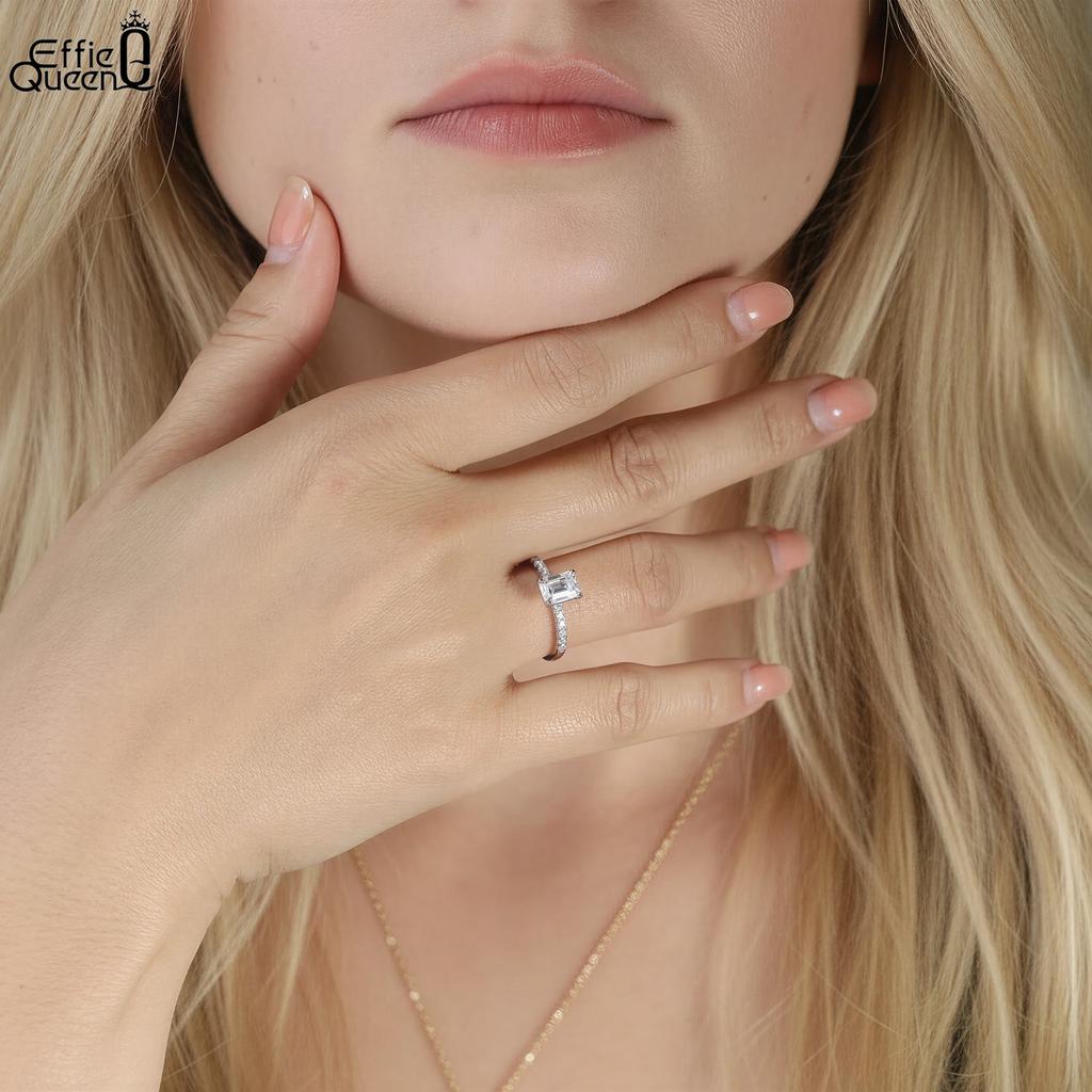 Anello Effie Queen 100% Argento Puro 925 Taglio Smeraldo Diamante Moissanite Gioielli Semplici per Donne Festa di Matrimonio Compleanni Regalo MOR08
