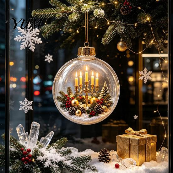 Transparent Christmas Tree Decor 3D Acrylic Faux Crystal Ball Ornament, Lighted Reindeer Sleigh Luminous Ornaments Snow Scene Hanging for Tree,