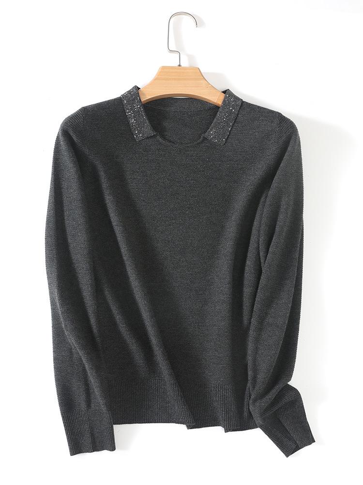 Small Lapel Fine Wool Knitted Pullover Sweater for Women - 2025 Autumn/Winter Collection, Solid Color, Loose Fit, Base Layer