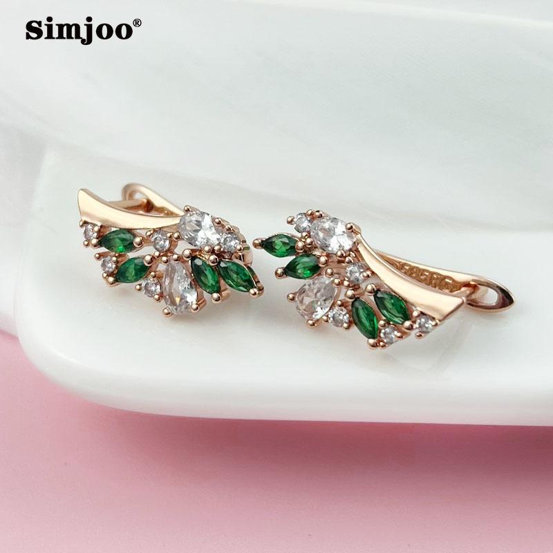 SIMJOO Rose Gold Fashion Sweet Fresh Floral Green Zircon Earrings for Ladies