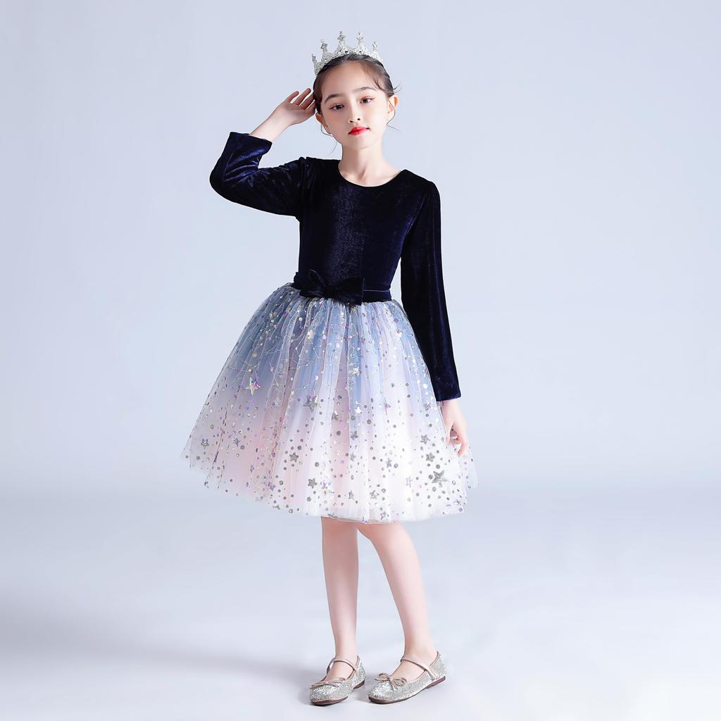 Weileenice Navy Recital Size Long Winter Formal Party Gradient Sequins Girls' Dress, 130, Sleeves, Clothes, Children's Dress, Velour, Pink, Kids,