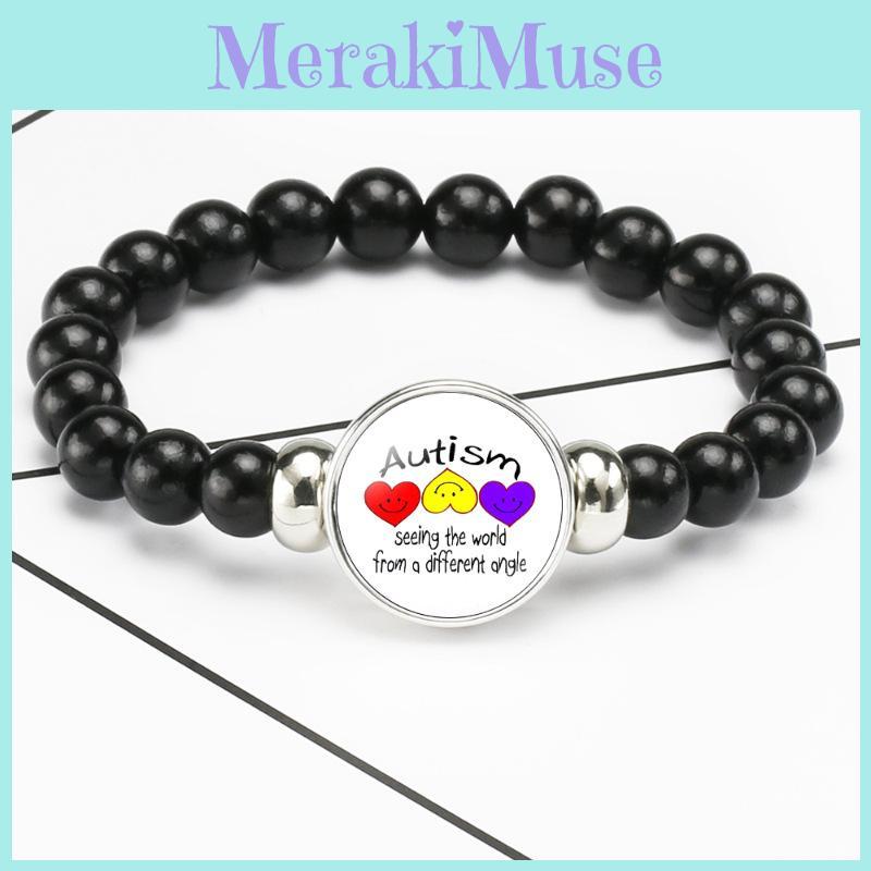 Men And Womens Beaded Bracelet Autism Awareness Black Stretch Cord