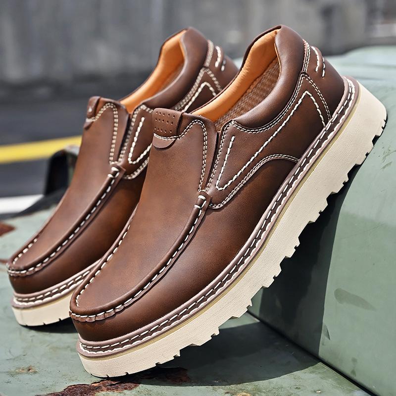 

Board shoes men s autumn new cowhide soft sole one pedal cover casual leather shoes men s thick sole trend outdoor shoes 38 коричневый