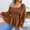 Summer Women Chiffon Shirt Long Sleeve Square Neck Solid Color Tops with Wooden Ears