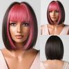 Short Orange Straight Bob Hair Synthetic Wigs with Bangs Orange Colorful Cosplay Party Wig for Women Heat Resistant Fiber Daily