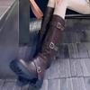 Mode Damen Kniehohe Stiefel Neue Herbst Gürtelschnalle Klobiger Absatz Schuhe für Damen Outdoor Kleid Damen Oberschenkelhohe Reitstiefel Zapatos
