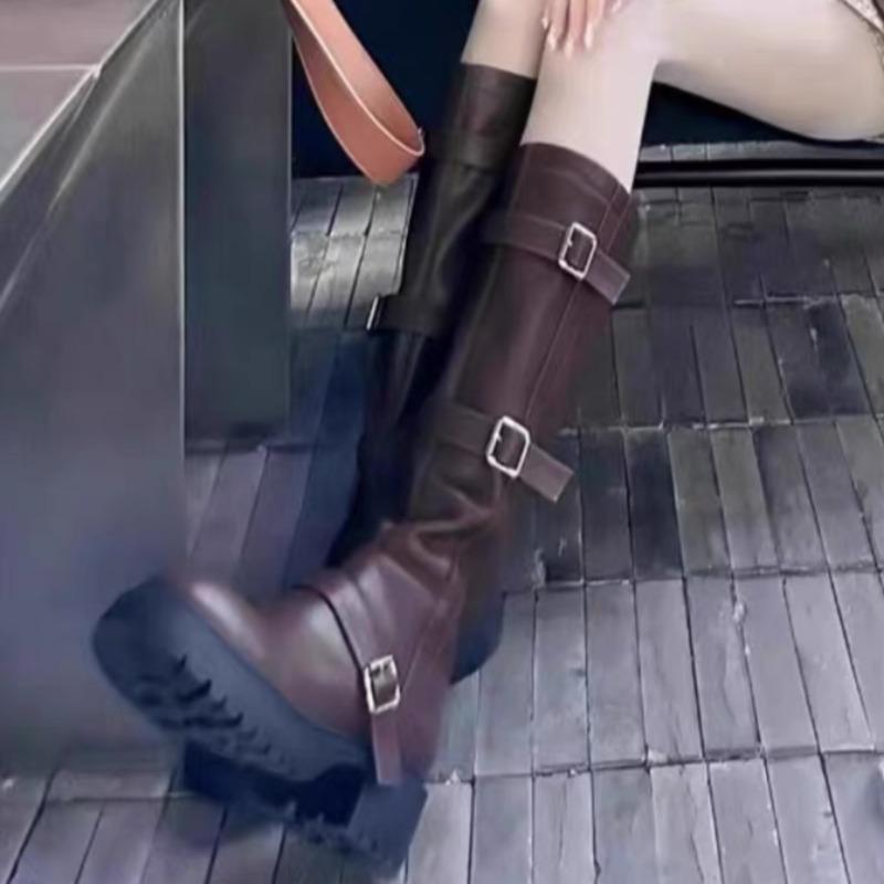 Fashion Women's Knee High Boots New Autumn Belt Buckle Chunky Heel Shoes for Women Outdoor Dress Women's Thigh High Riding Boots Zapatos