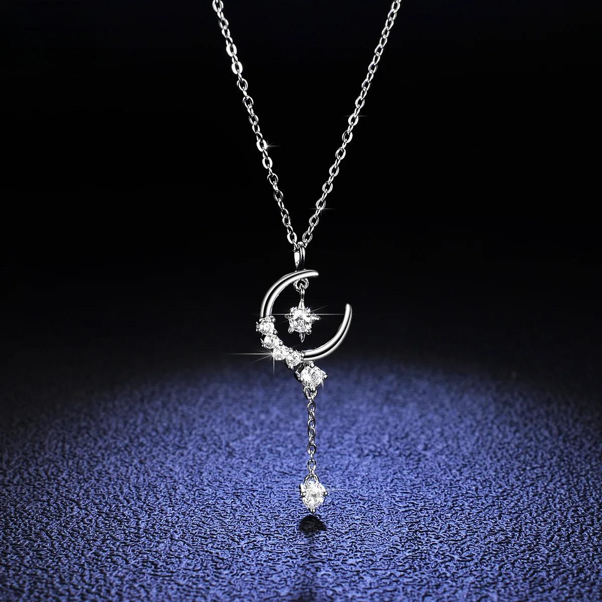 

Luxury Platinum Pendants Carat Moissanite Diamond Necklace Women s Star Moon Fringe Clavicle Chain Wedding Jewelry
