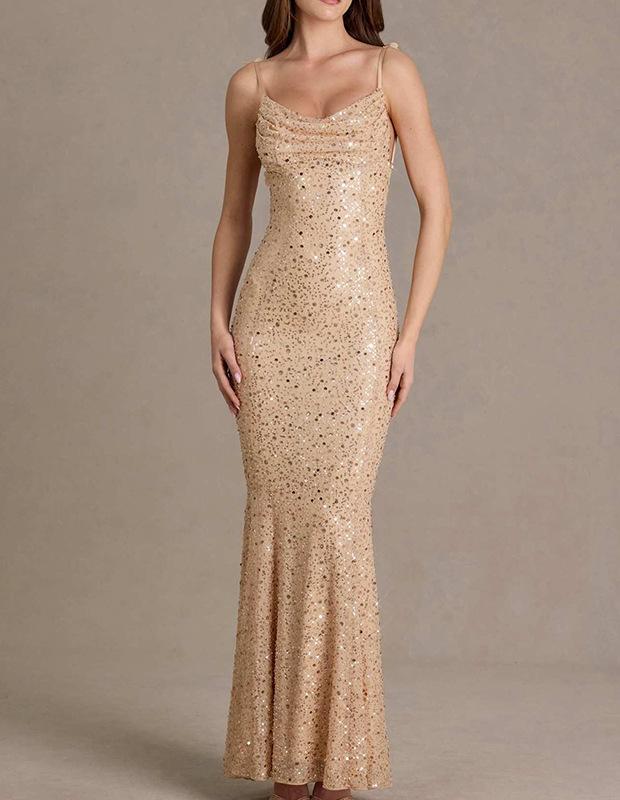 2026 European and American cross-border celebrity dress sequined bead tube suspender fishtail skirt dinner party backless slim dress