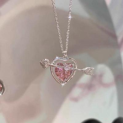 S925 Sterling Silver Pink Heart Necklace - Arrow Through the Heart: Delicate, High-End Girly Design