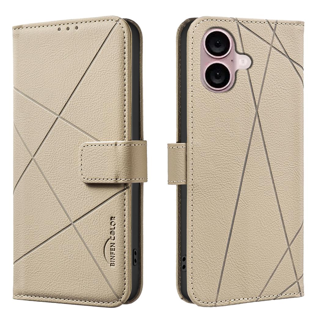 For iPhone 16 Plus Case BINFEN COLOR BF35 Geometry Imprinted Leather Phone Cover RFID Blocking Wallet Stand