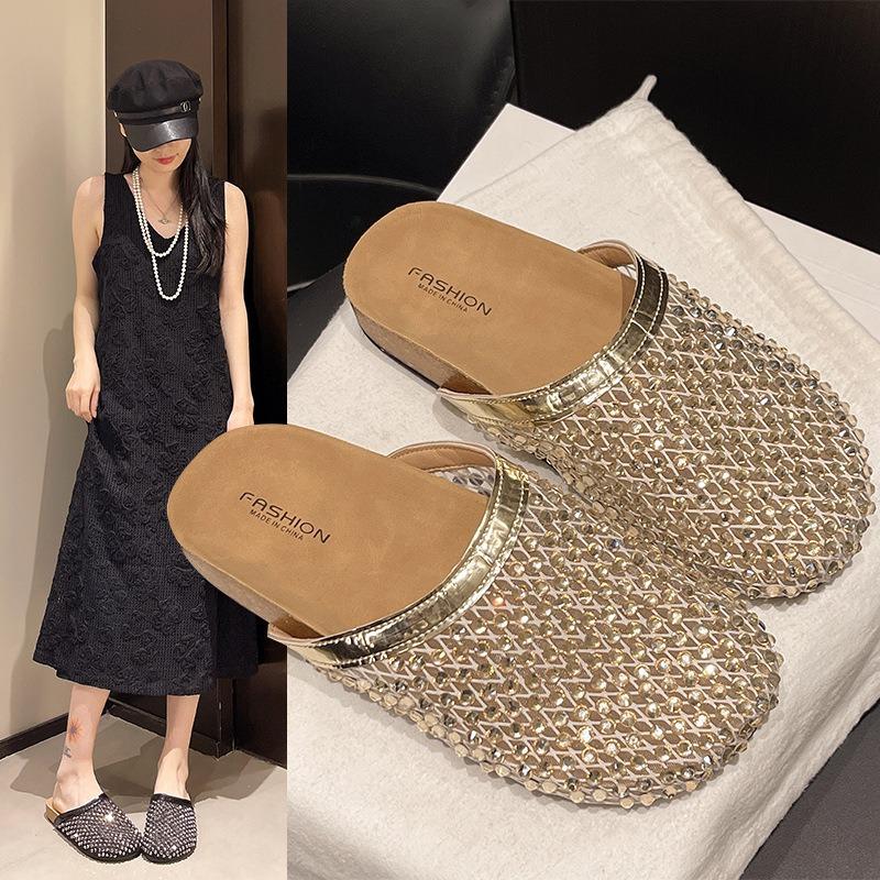 Fishnet Socks Slippers Women's Summer Rhinestone Low-heeled Flat Sandals Women's Rhinestone Slippers