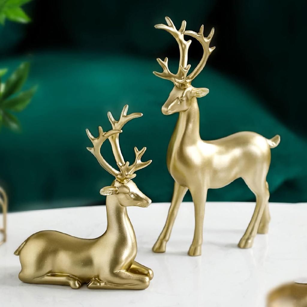 2Pcs Christmas Reindeer Figurines Decorations Resin Sitting & Standing Deer Statues Elk Figurine for Home Table Decor Wine Cabinet (Gold)