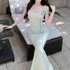 Royal Sister Gentle Wind Temperament Hip Suspender Dress Summer Green Asymmetrical Three-dimensional Flower Slim Fishtail Dress