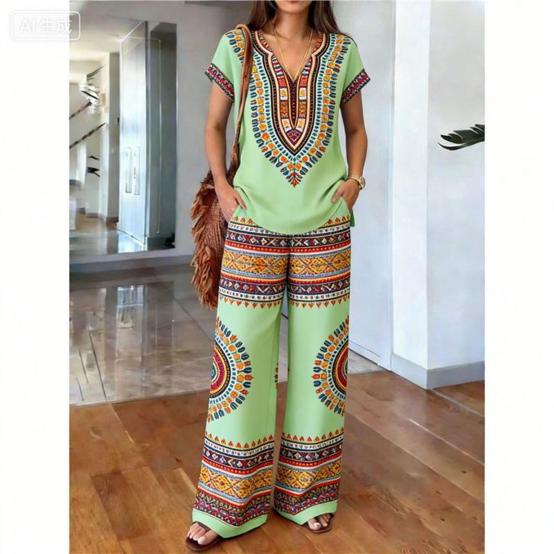 Y1 Summer Loose Short-sleeved V-neck Top Wide-leg Pants Two-piece Women's Clothing European and American Fashion Suit