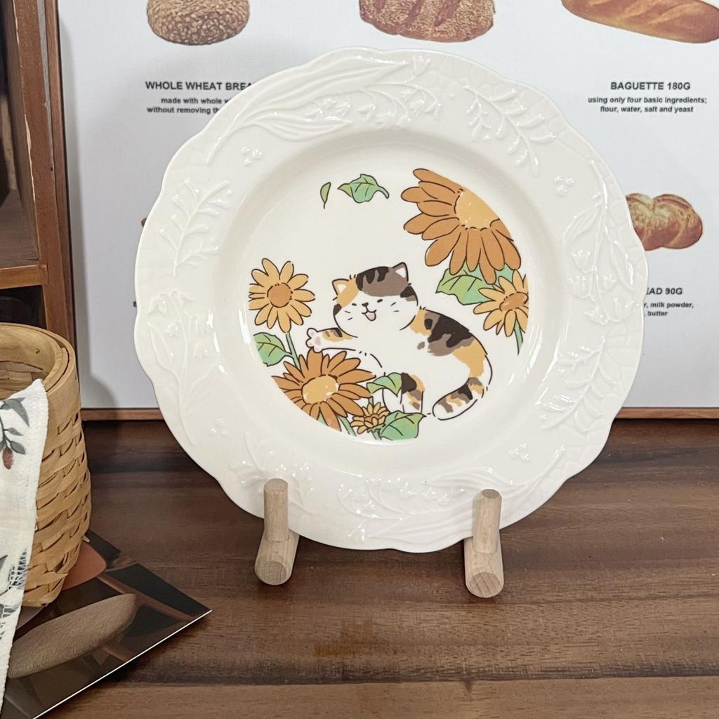 Japanese Cute Cartoon Cat Ceramic Relief Plate Dessert Cake Noodle Plate Household Dish Plate Western